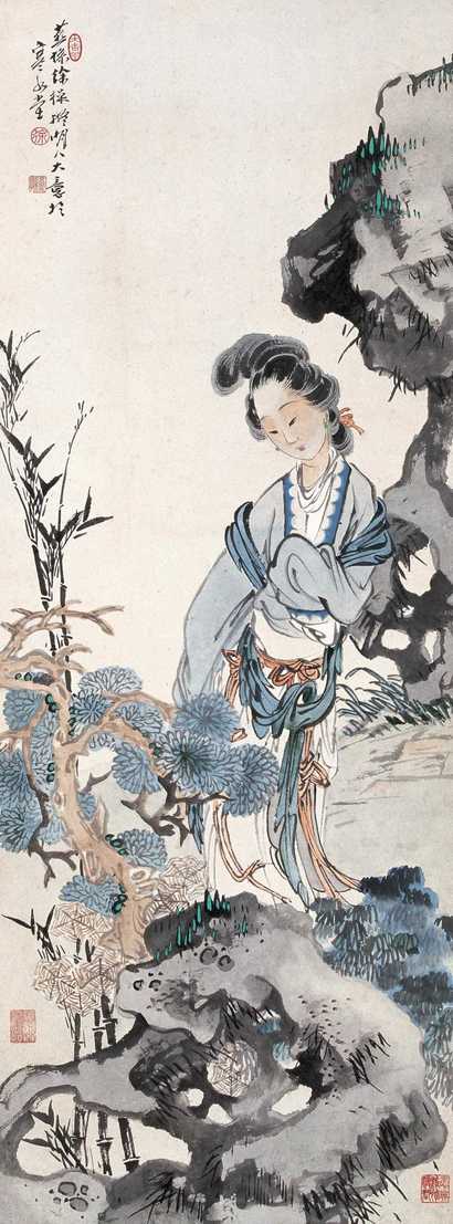 徐操 伊人赏菊 镜心